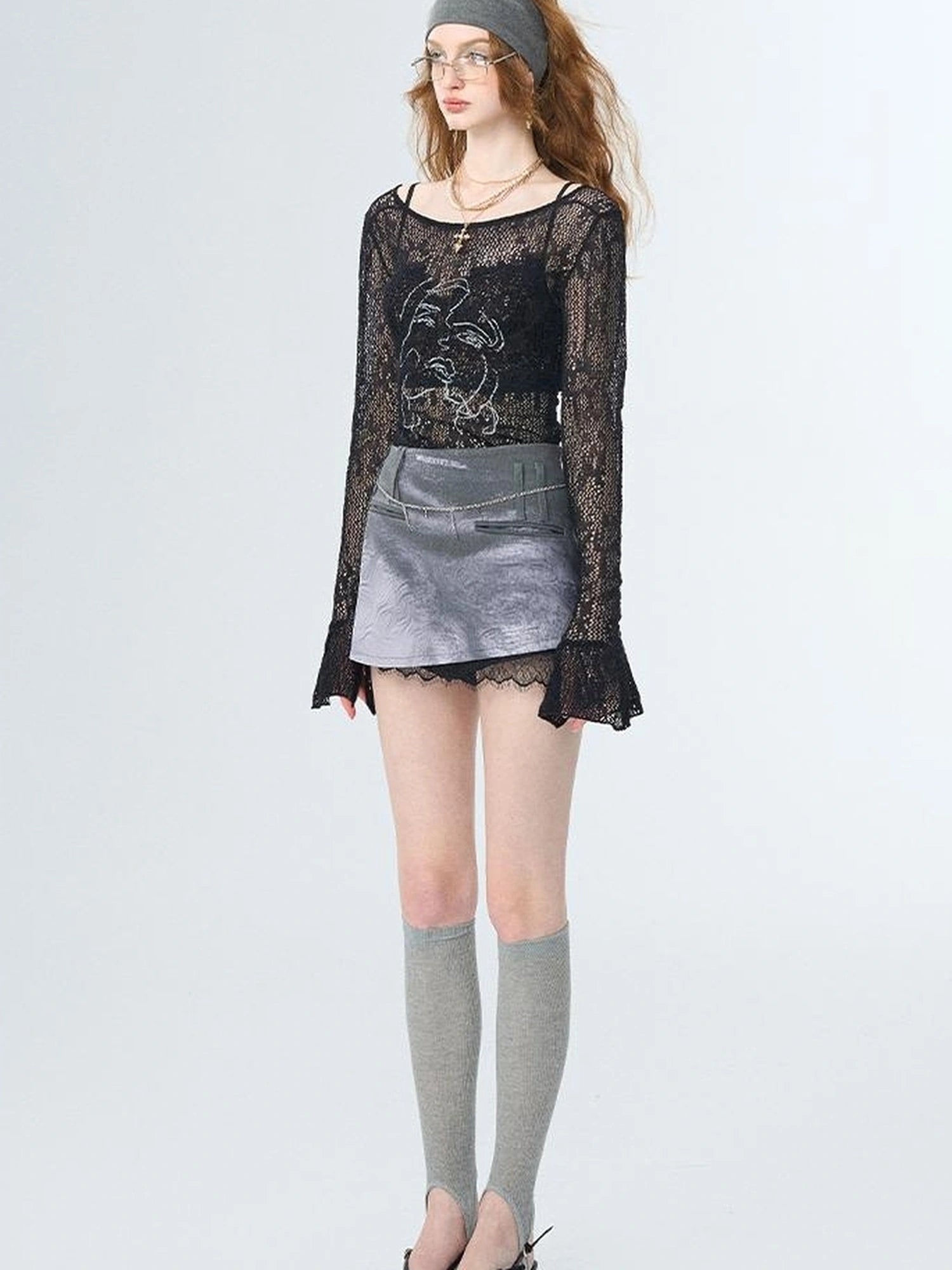 OfAkiva Akiva Chant Sheer Lace Knit Flare Sleeve Top