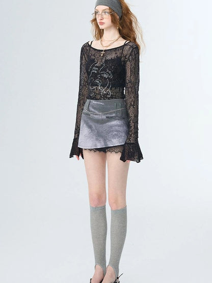 OfAkiva Akiva Chant Sheer Lace Knit Flare Sleeve Top