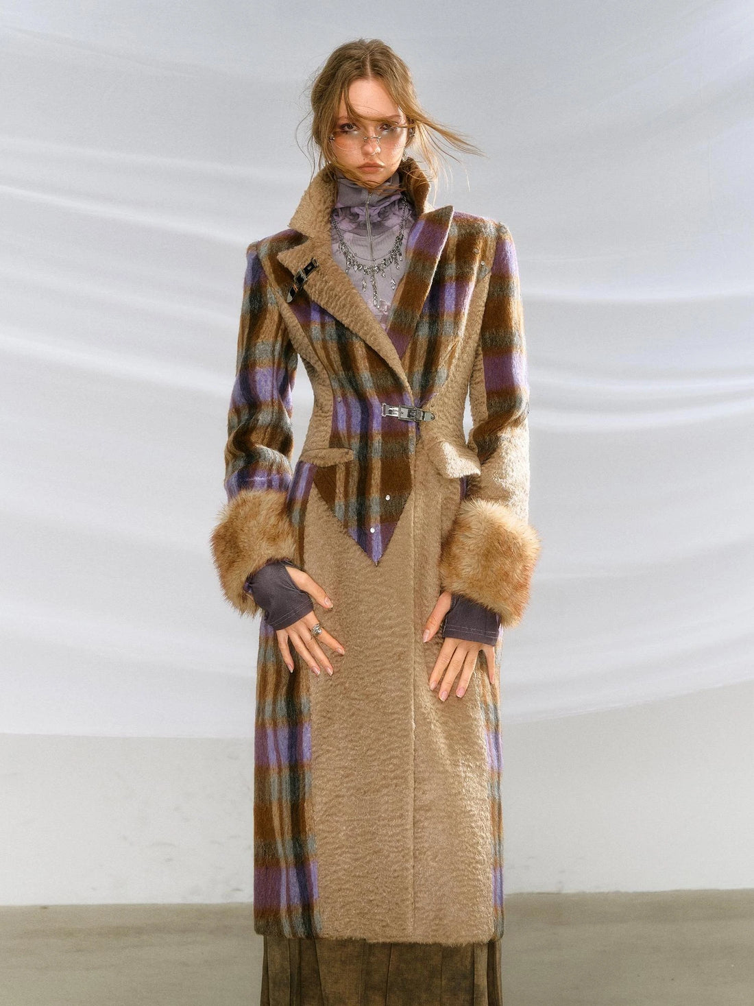 OfAkiva Akiva Color Block Houndstooth Long Coat