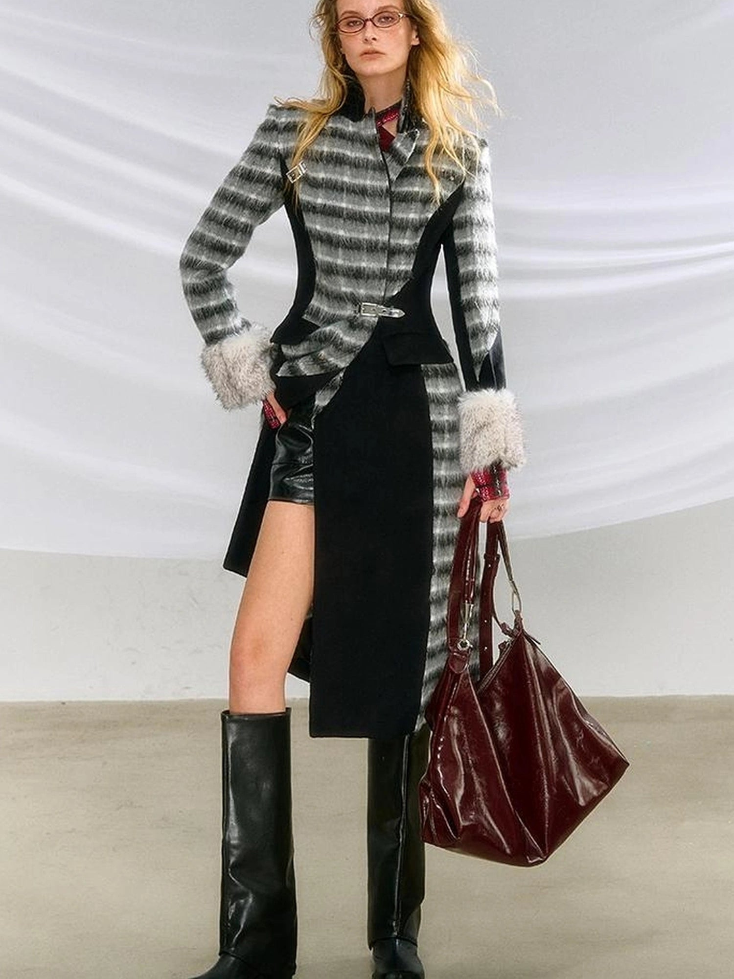 OfAkiva Akiva Color Block Houndstooth Long Coat