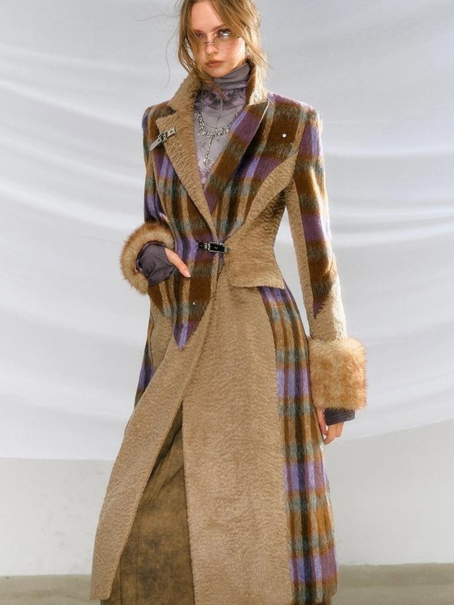 OfAkiva Akiva Color Block Houndstooth Long Coat