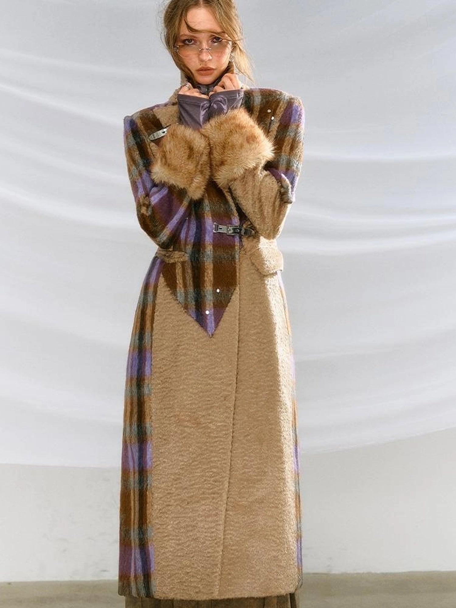 OfAkiva Akiva Color Block Houndstooth Long Coat