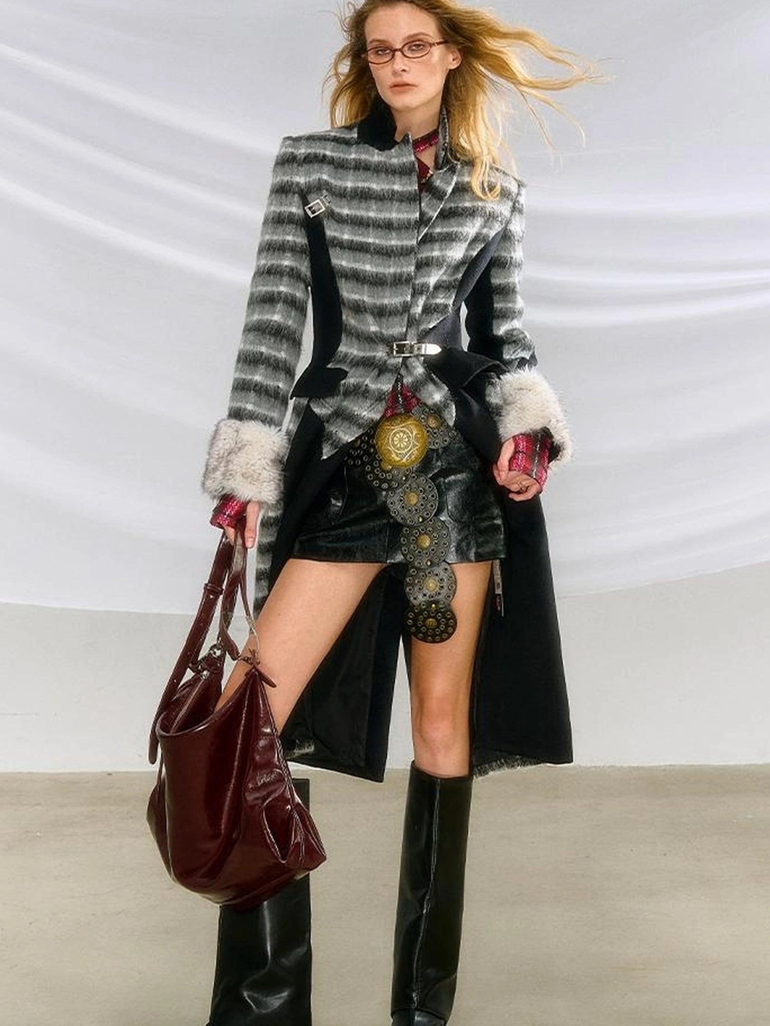 OfAkiva Akiva Color Block Houndstooth Long Coat