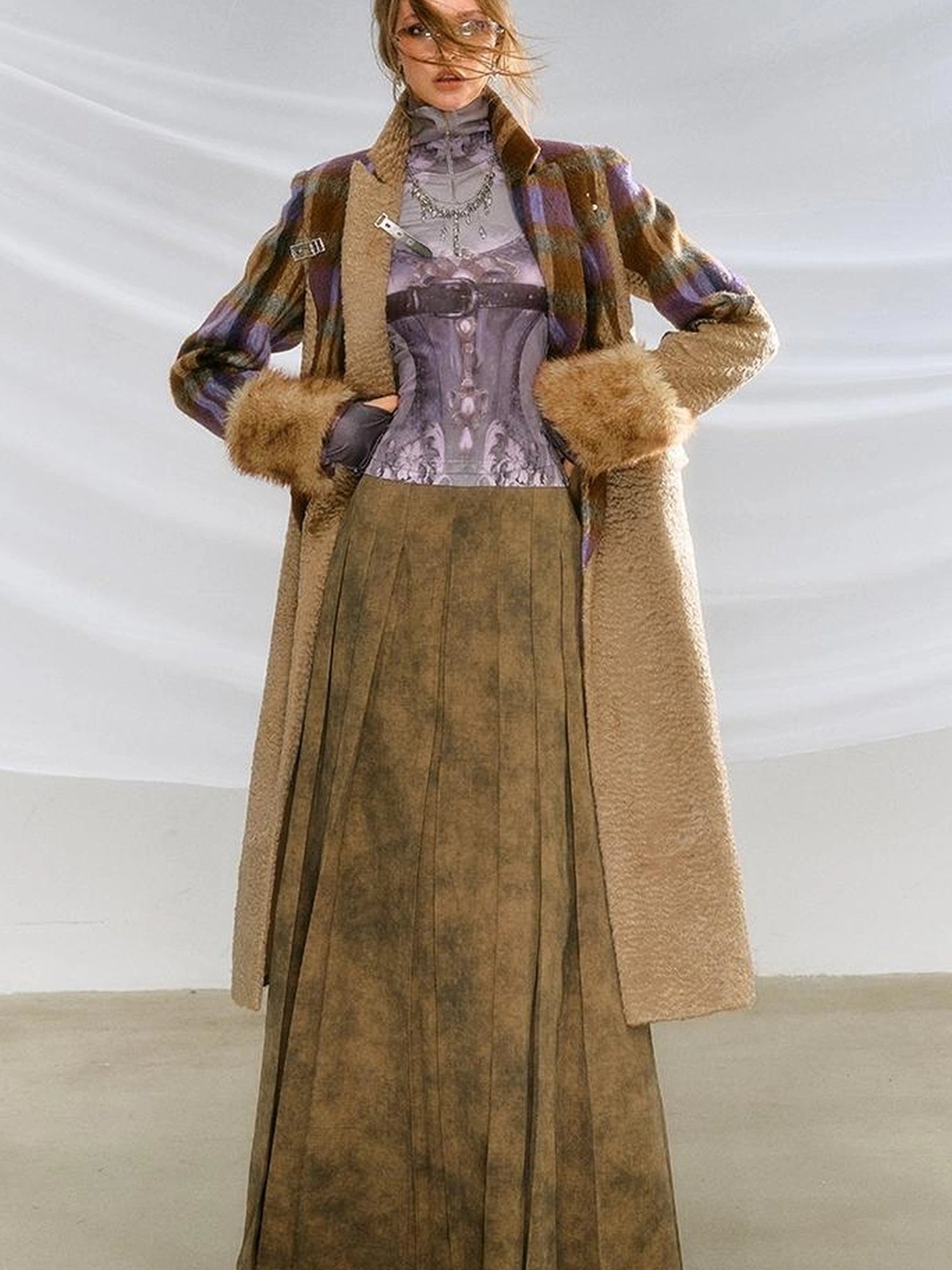 OfAkiva Akiva Color Block Houndstooth Long Coat