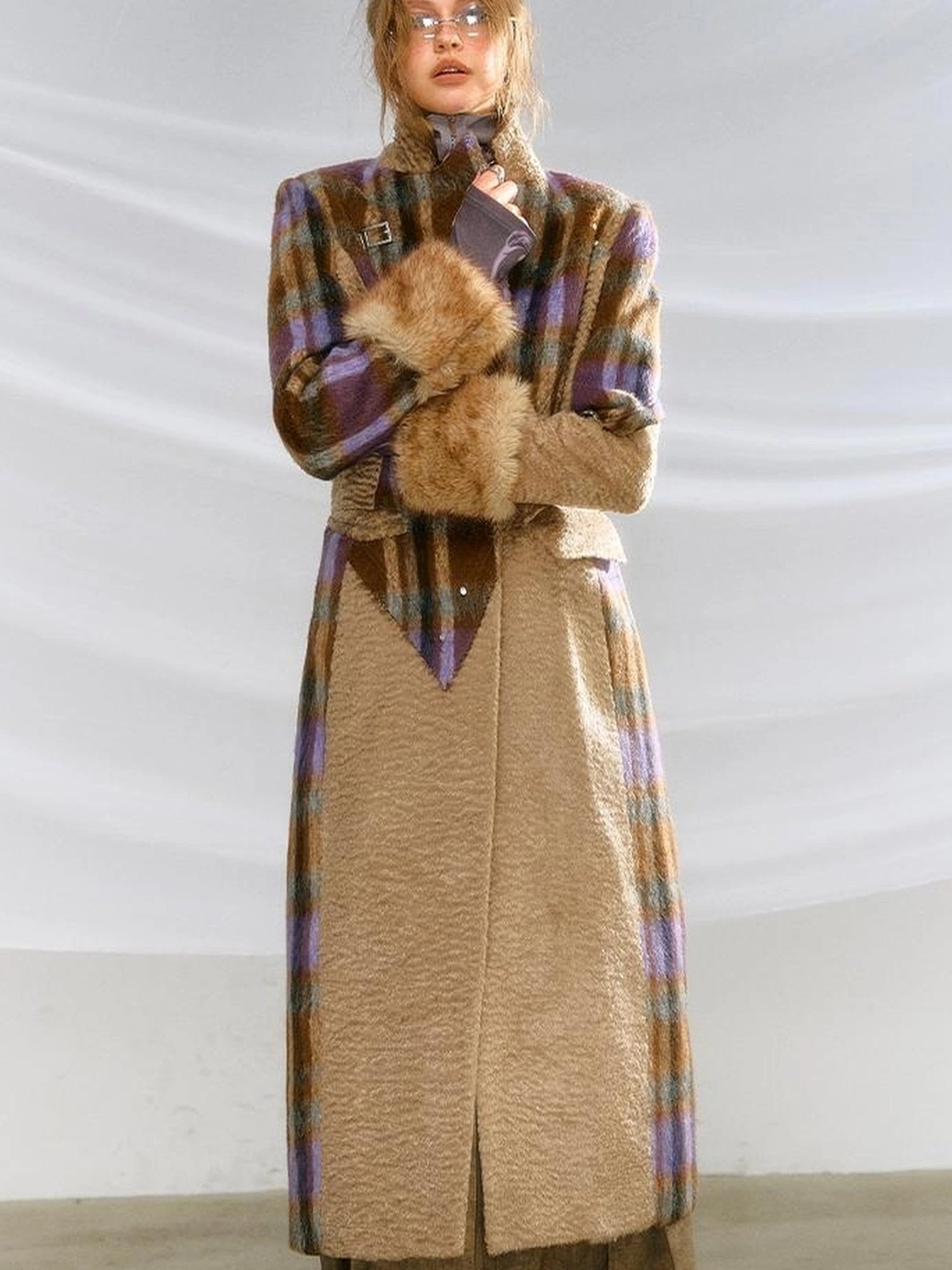 OfAkiva Akiva Color Block Houndstooth Long Coat