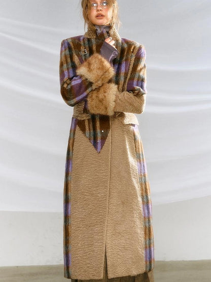 OfAkiva Akiva Color Block Houndstooth Long Coat