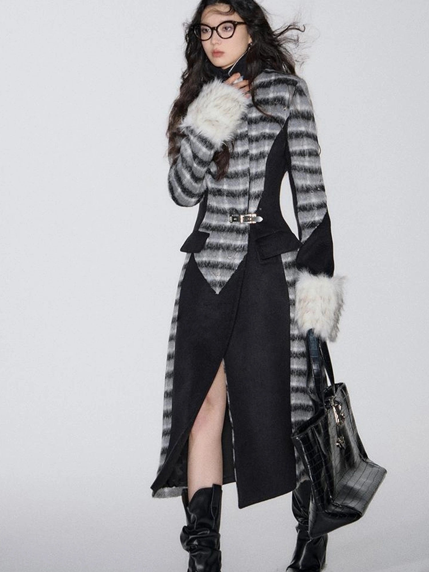 OfAkiva Akiva Color Block Houndstooth Long Coat