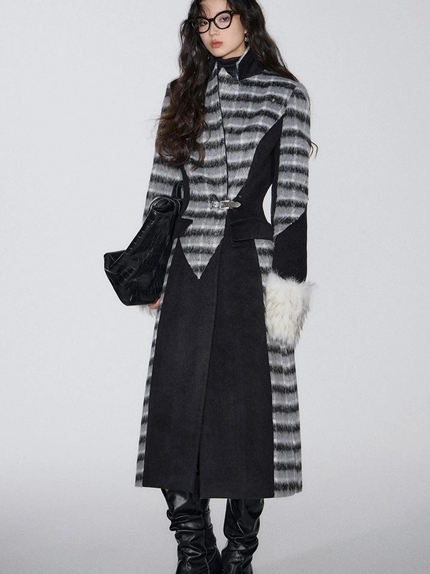 OfAkiva Akiva Color Block Houndstooth Long Coat