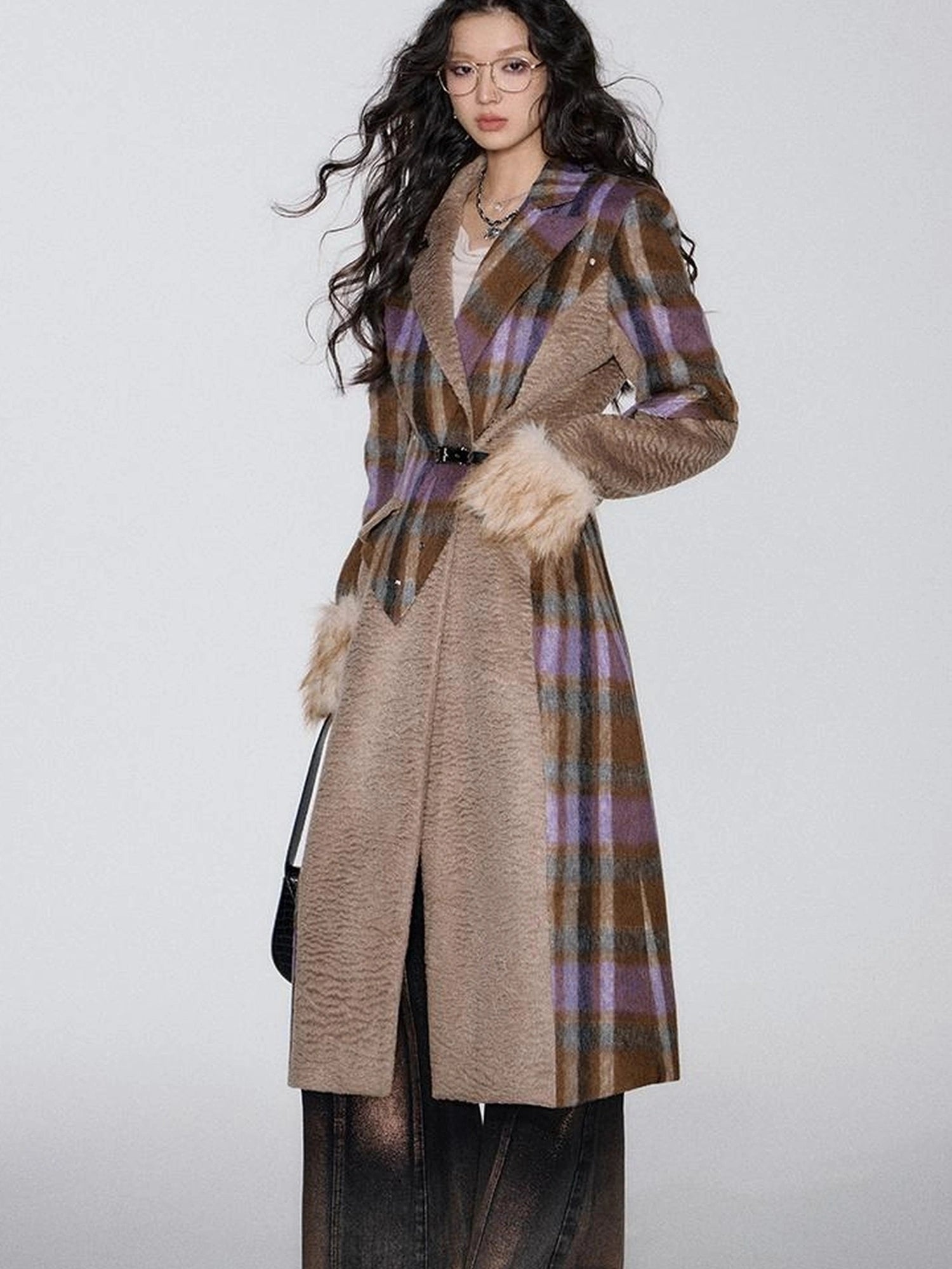 OfAkiva Akiva Color Block Houndstooth Long Coat