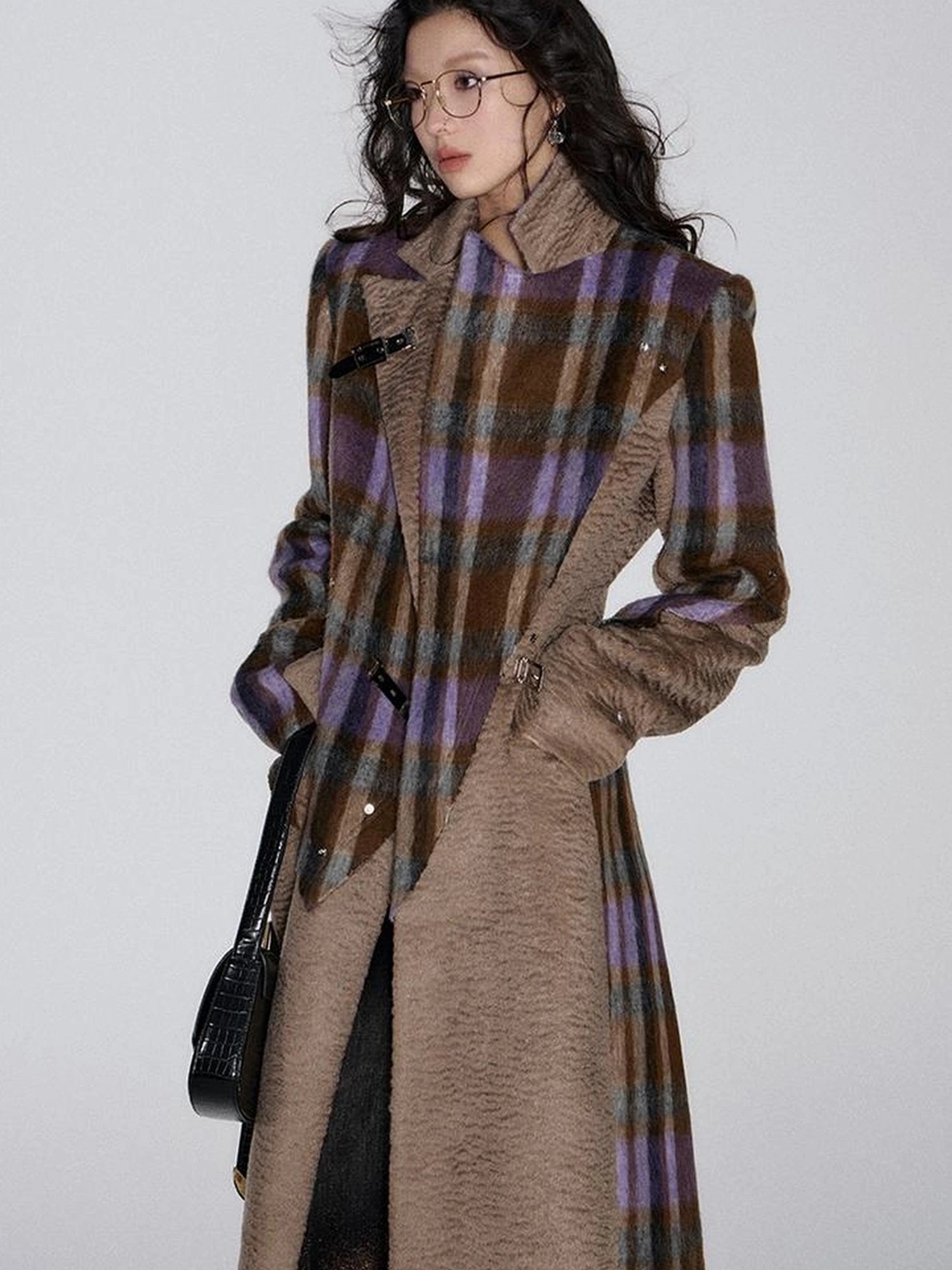 OfAkiva Akiva Color Block Houndstooth Long Coat