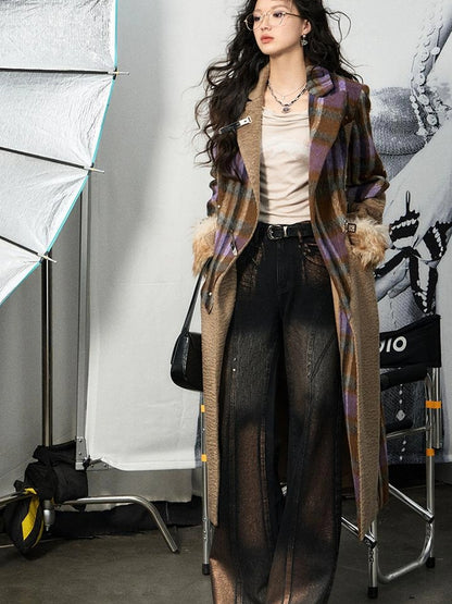 OfAkiva Akiva Color Block Houndstooth Long Coat