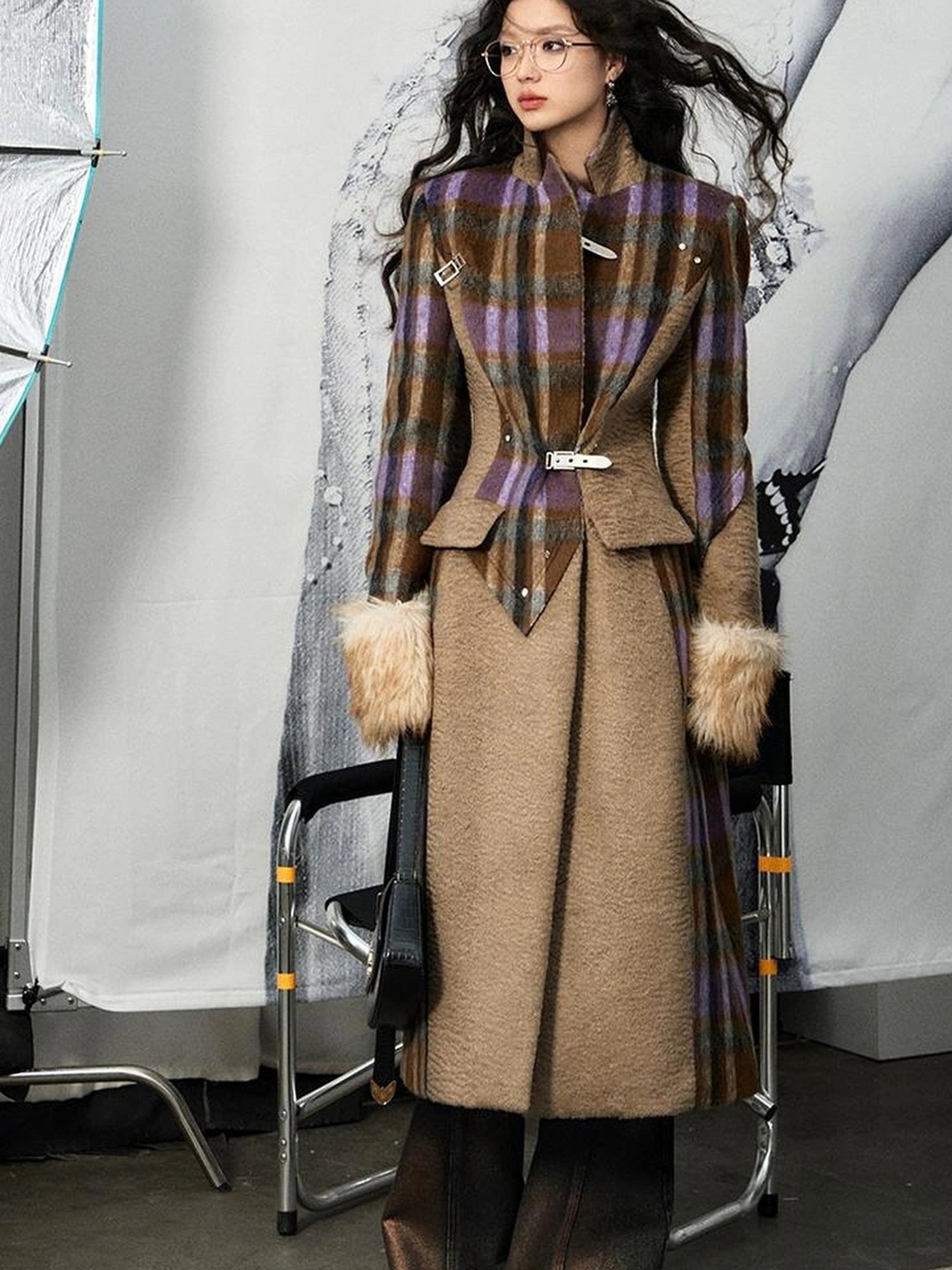 OfAkiva Akiva Color Block Houndstooth Long Coat