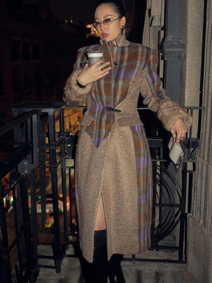 OfAkiva Akiva Color Block Houndstooth Long Coat