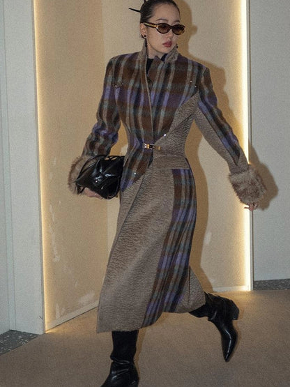 OfAkiva Akiva Color Block Houndstooth Long Coat