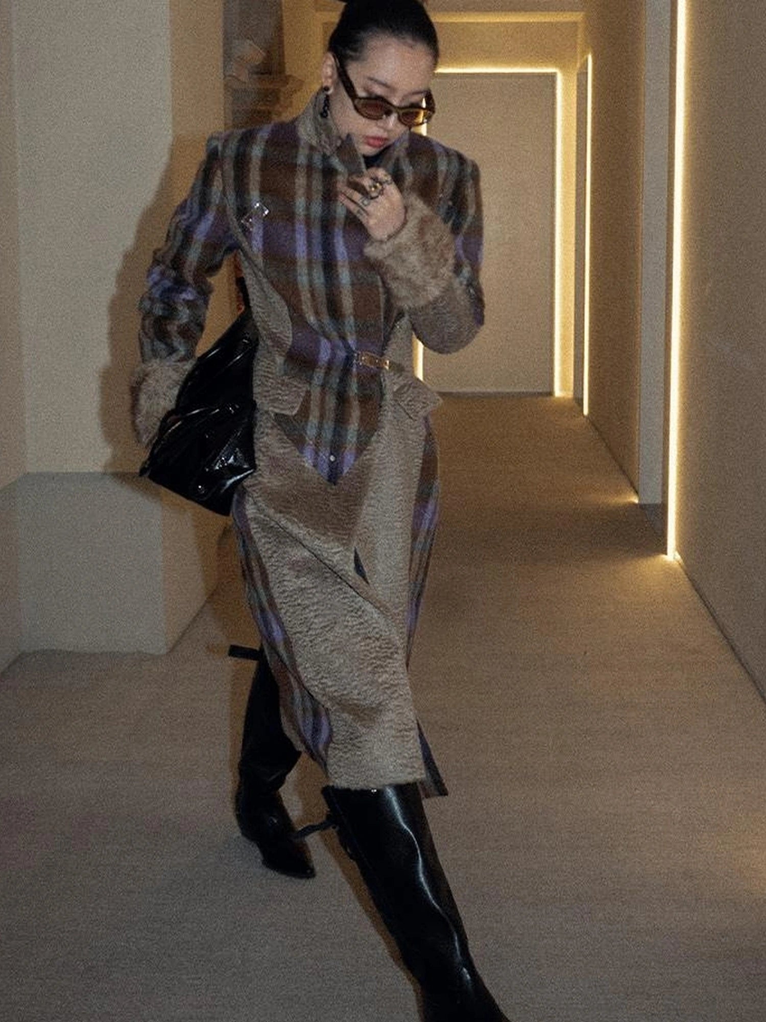 OfAkiva Akiva Color Block Houndstooth Long Coat