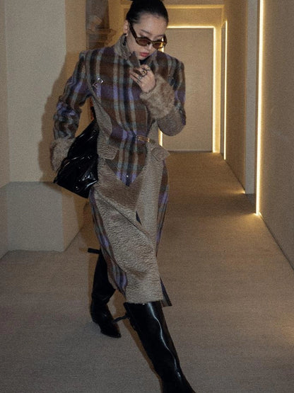 OfAkiva Akiva Color Block Houndstooth Long Coat