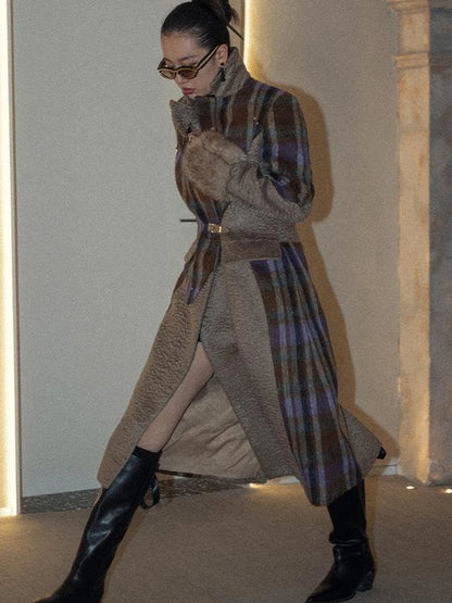 OfAkiva Akiva Color Block Houndstooth Long Coat