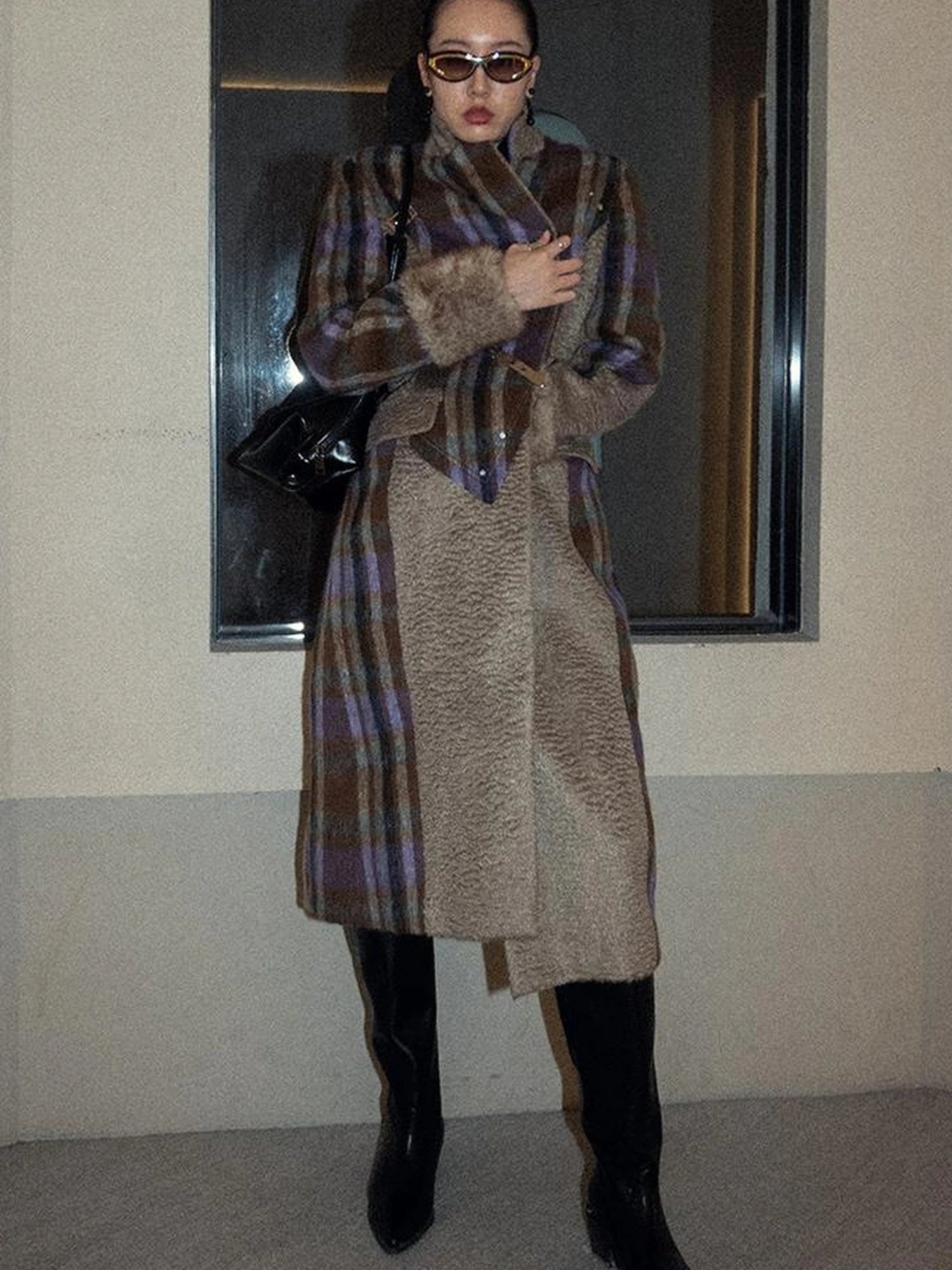 OfAkiva Akiva Color Block Houndstooth Long Coat