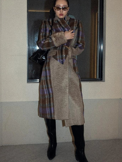 OfAkiva Akiva Color Block Houndstooth Long Coat