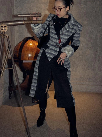 OfAkiva Akiva Color Block Houndstooth Long Coat