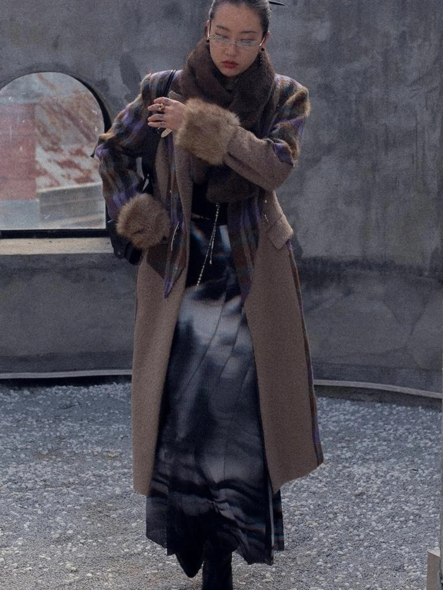 OfAkiva Akiva Color Block Houndstooth Long Coat