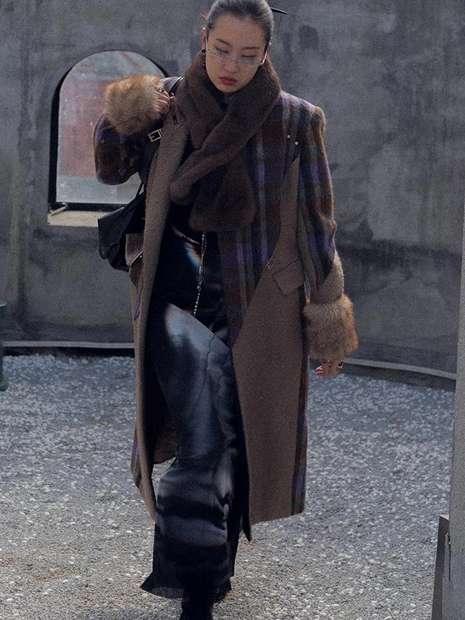 OfAkiva Akiva Color Block Houndstooth Long Coat