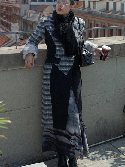 OfAkiva Akiva Color Block Houndstooth Long Coat