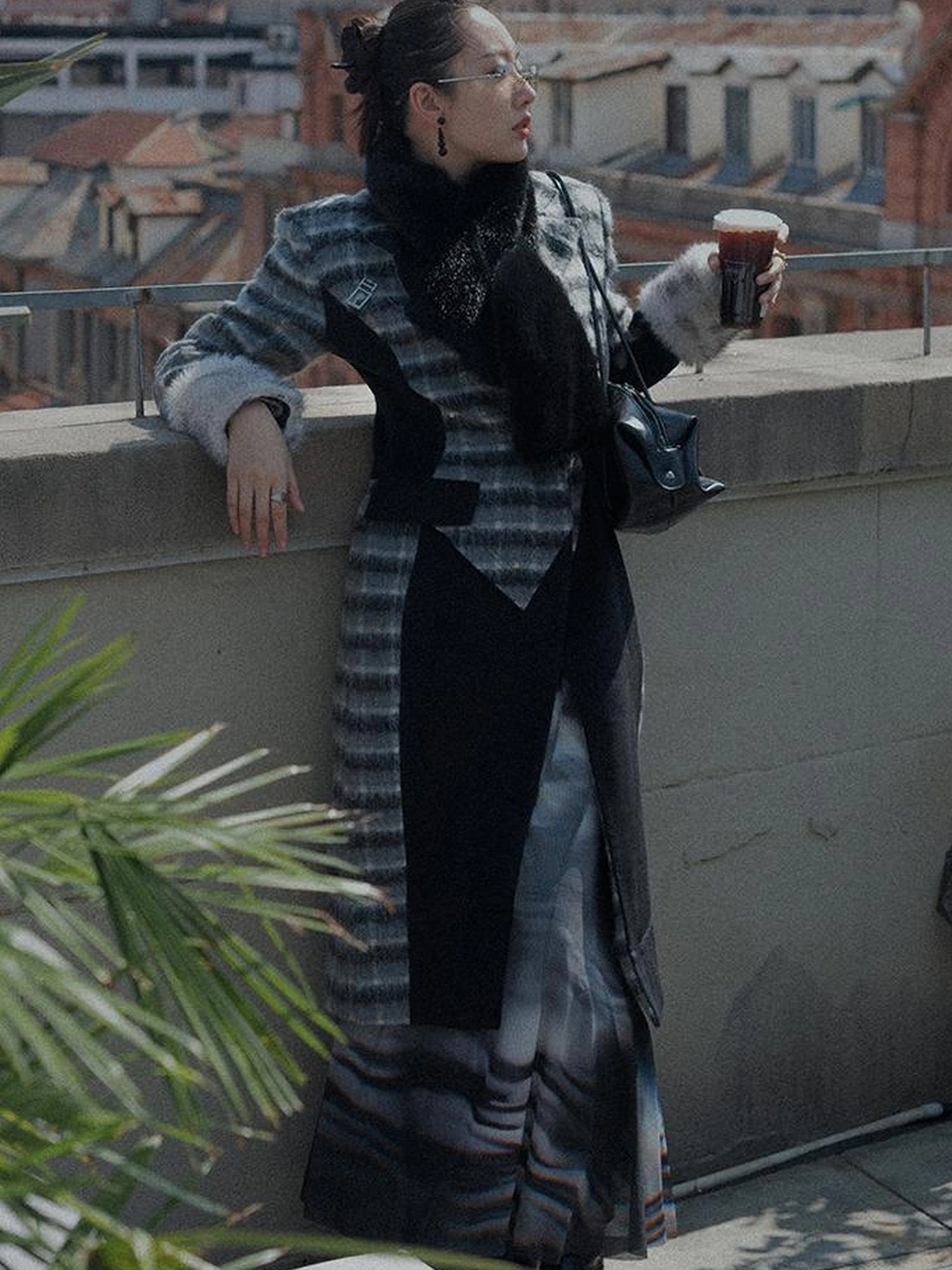 OfAkiva Akiva Color Block Houndstooth Long Coat