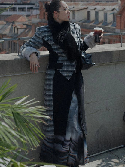 OfAkiva Akiva Color Block Houndstooth Long Coat