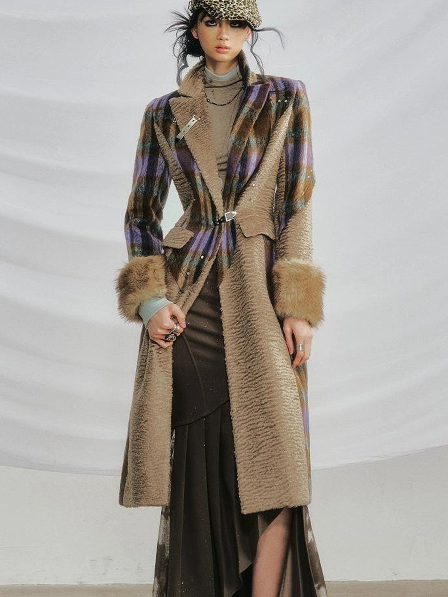 OfAkiva Akiva Color Block Houndstooth Long Coat