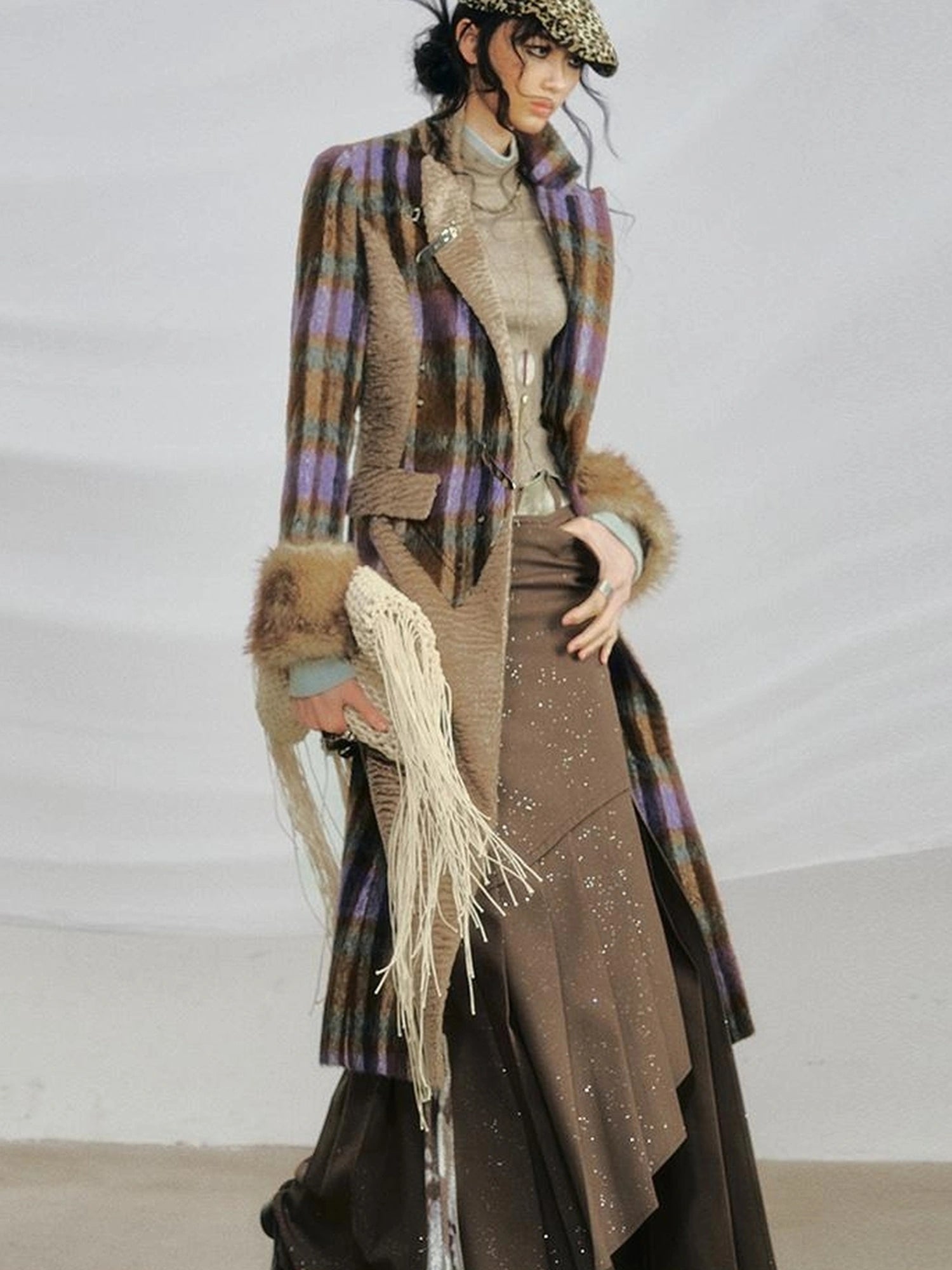 OfAkiva Akiva Color Block Houndstooth Long Coat