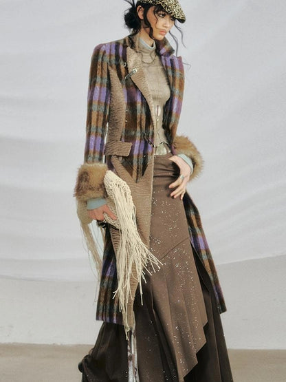 OfAkiva Akiva Color Block Houndstooth Long Coat