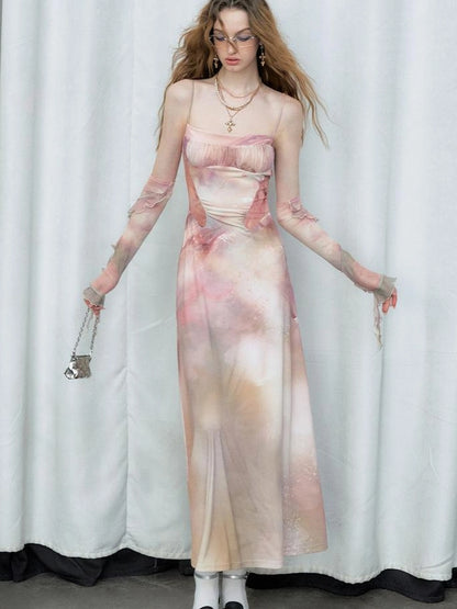 OfAkiva Akiva Ethereal Ombre Chiffon Slip Dress