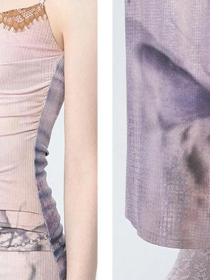 OfAkiva Akiva Floral Lace Trimmed Knit Slip Dress