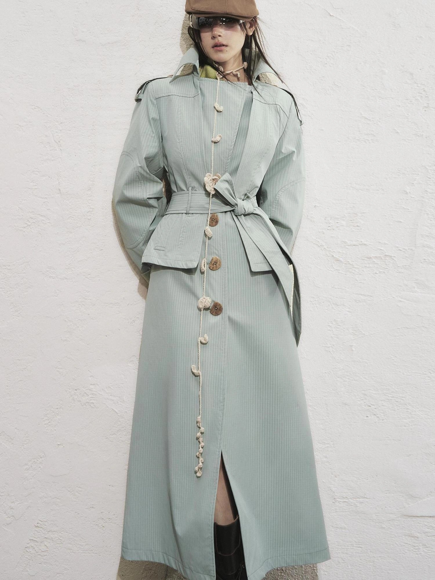 OfAkiva Akiva George Square Tri Color Long Trench Coat