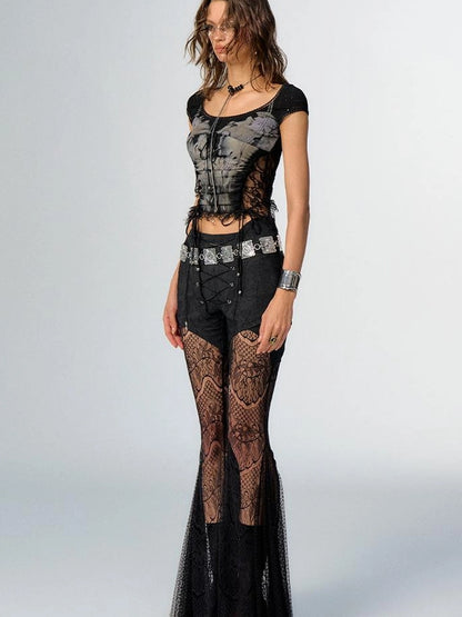 OfAkiva Akiva Lace Trimmed Iridescent Knit Top