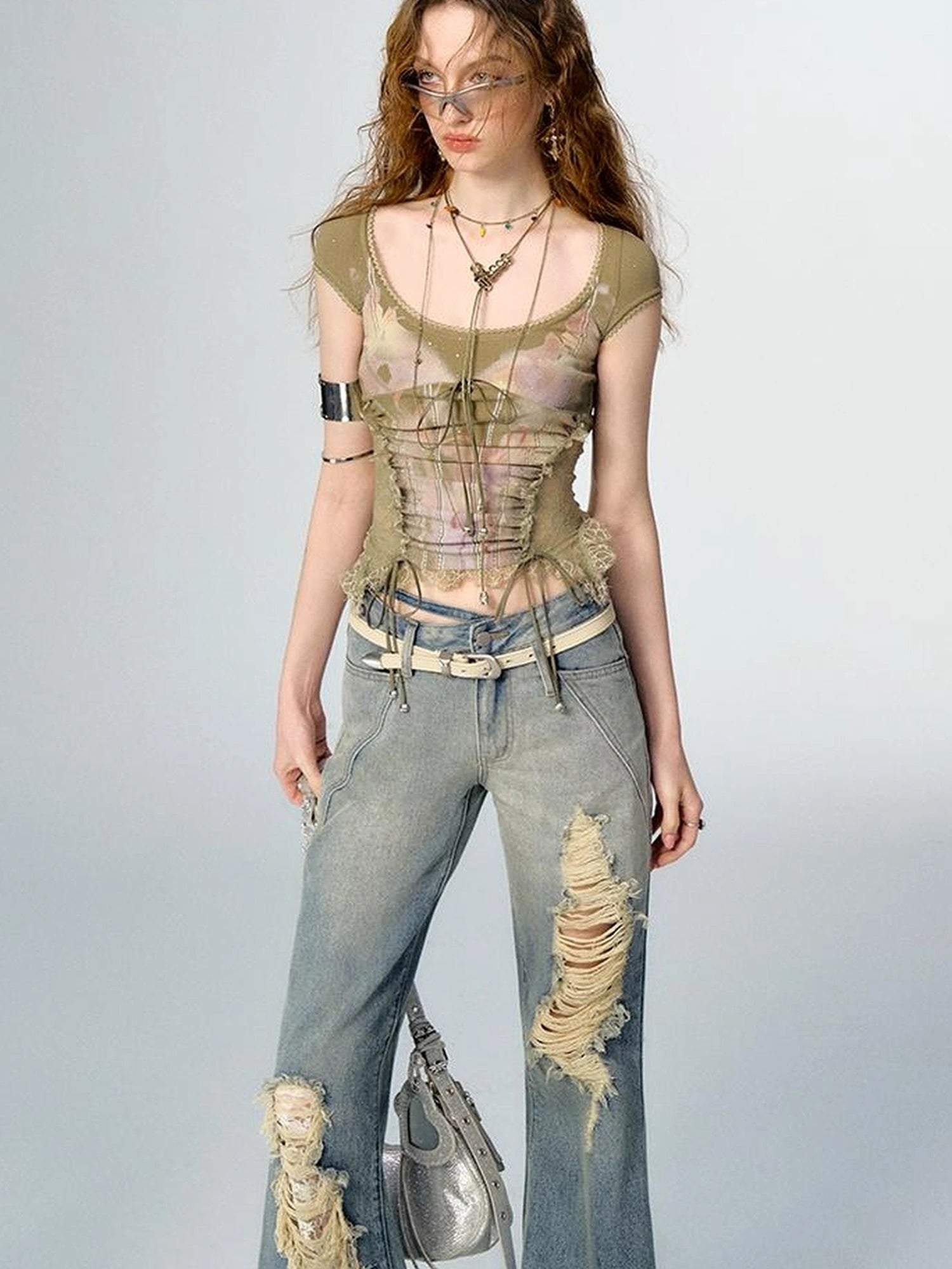 OfAkiva Akiva Lace Trimmed Iridescent Knit Top