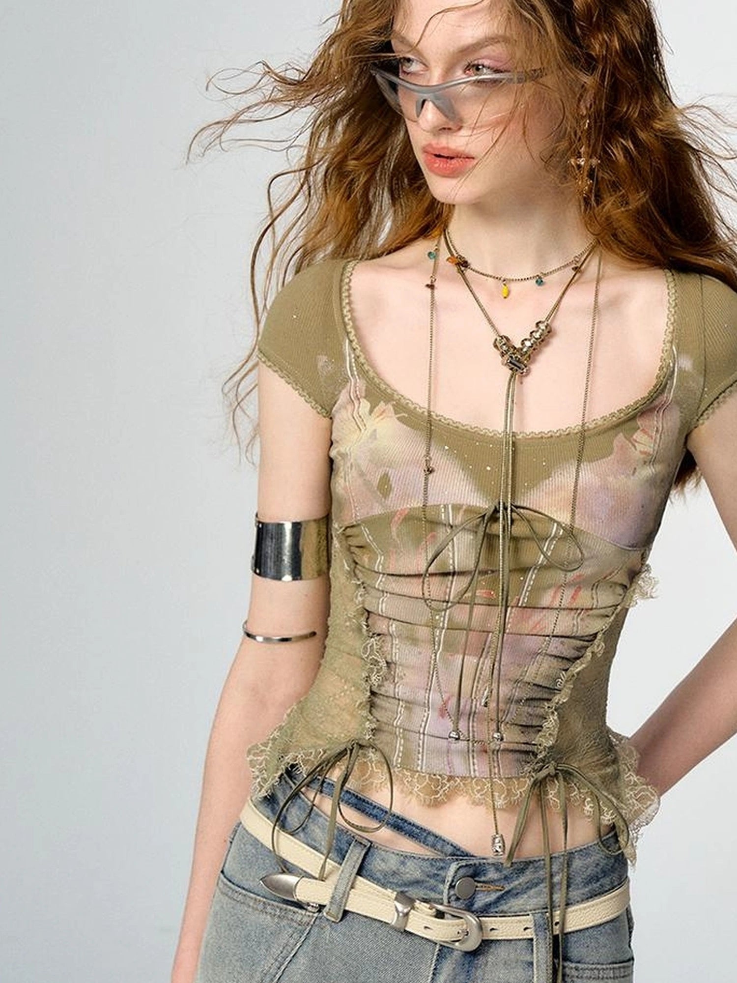 OfAkiva Akiva Lace Trimmed Iridescent Knit Top