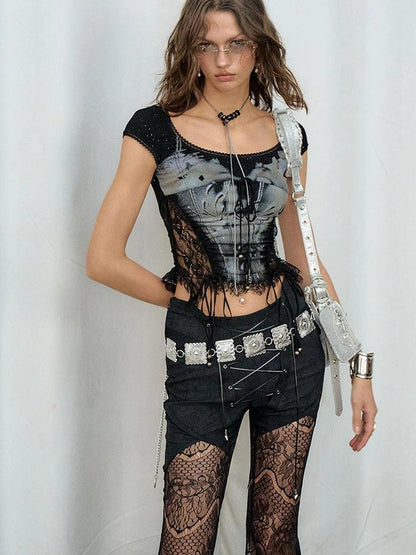 OfAkiva Akiva Lace Trimmed Iridescent Knit Top