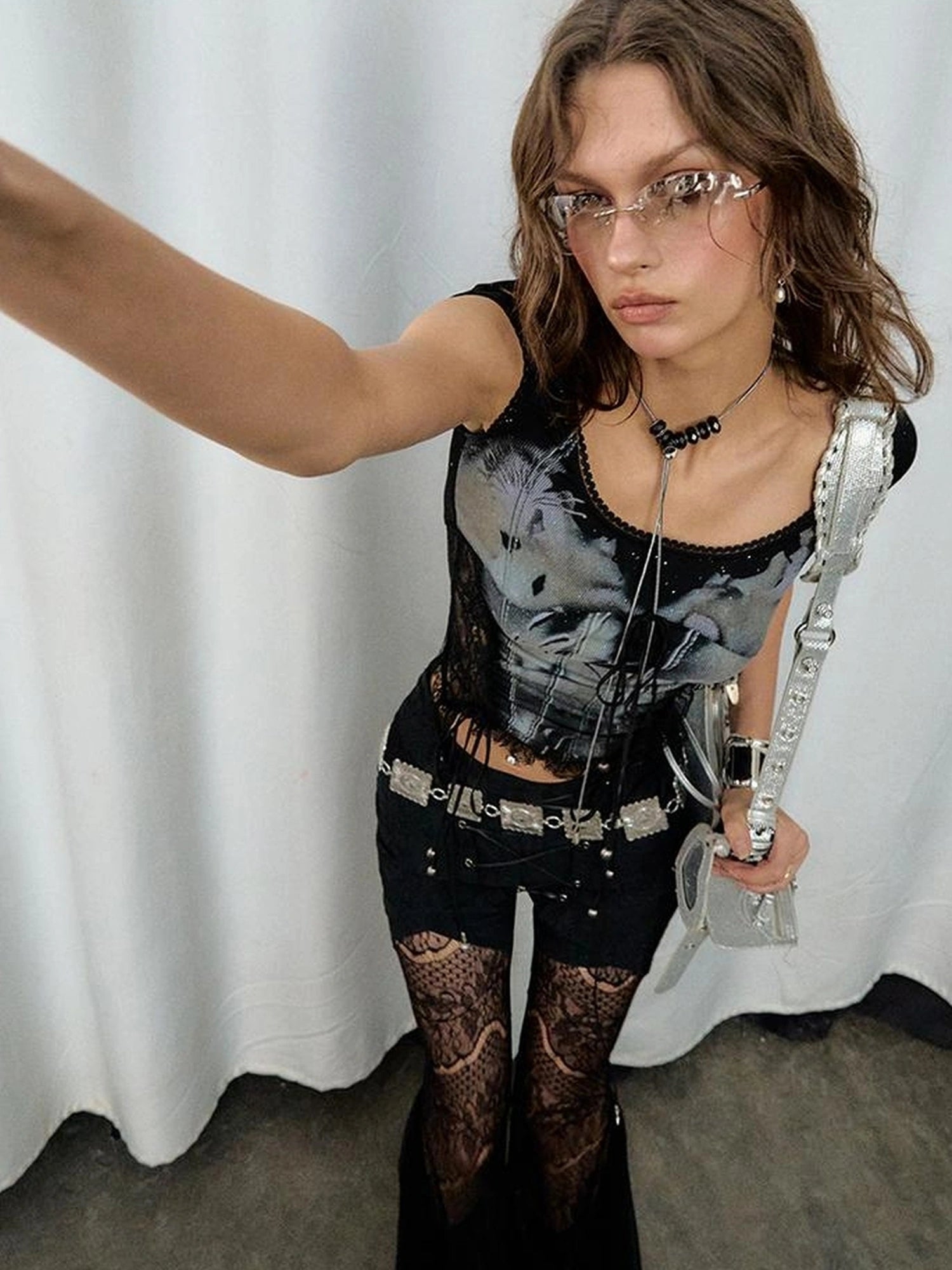 OfAkiva Akiva Lace Trimmed Iridescent Knit Top