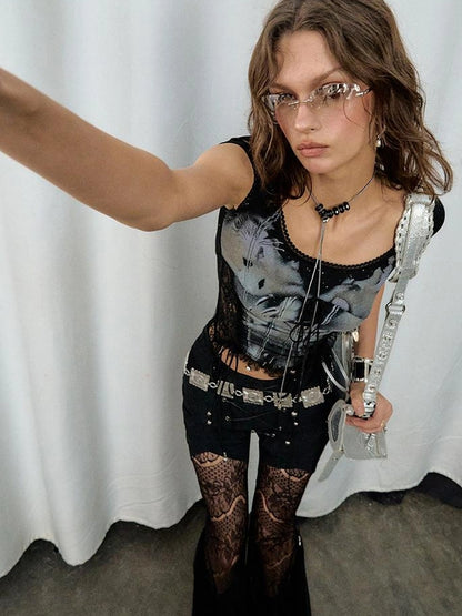 OfAkiva Akiva Lace Trimmed Iridescent Knit Top