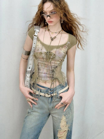 OfAkiva Akiva Lace Trimmed Iridescent Knit Top