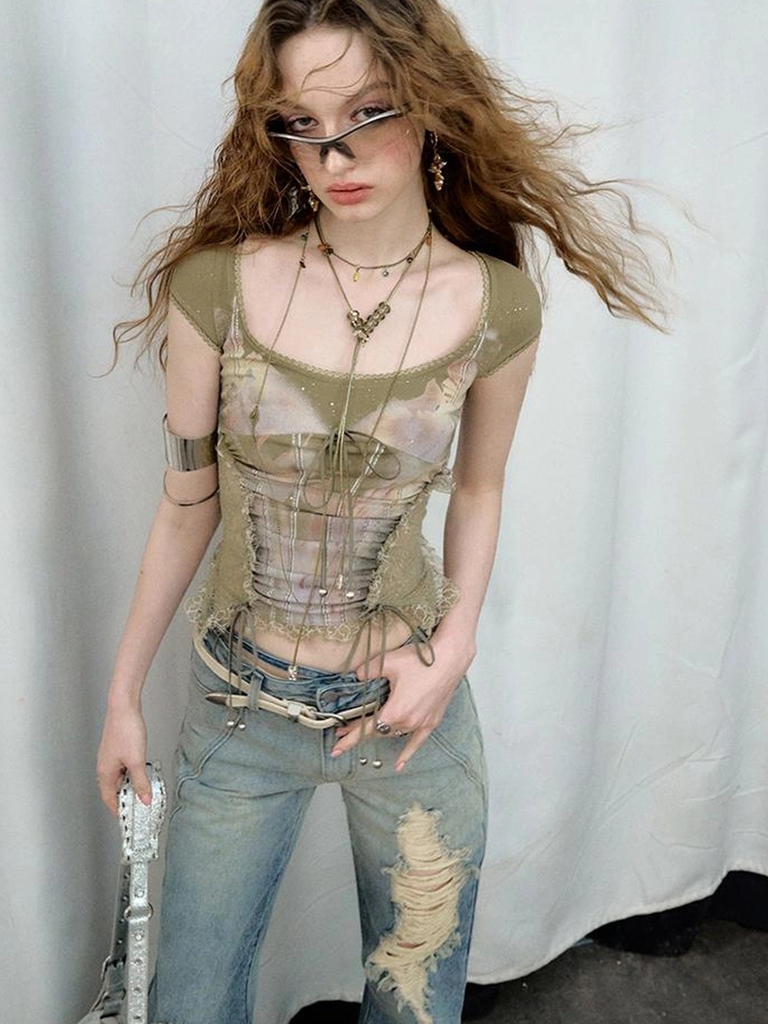 OfAkiva Akiva Lace Trimmed Iridescent Knit Top