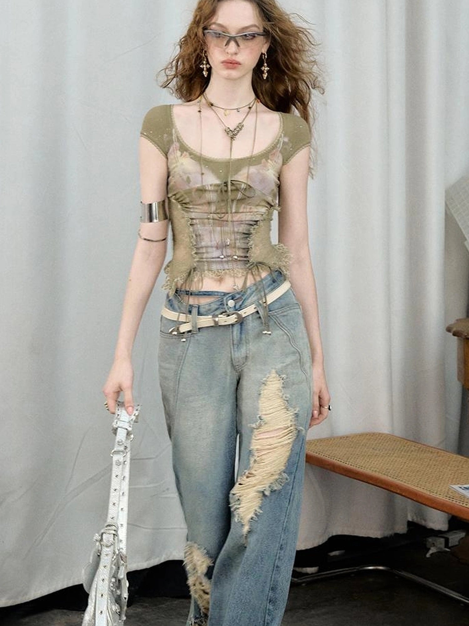 OfAkiva Akiva Lace Trimmed Iridescent Knit Top