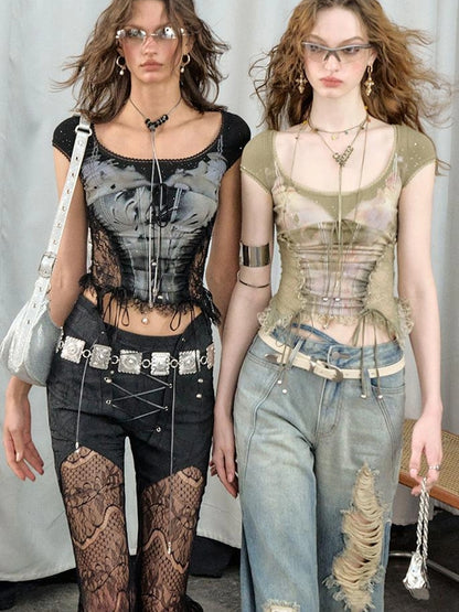 OfAkiva Akiva Lace Trimmed Iridescent Knit Top