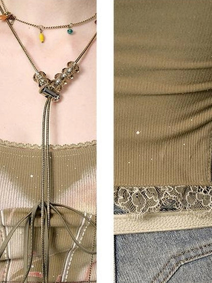 OfAkiva Akiva Lace Trimmed Iridescent Knit Top