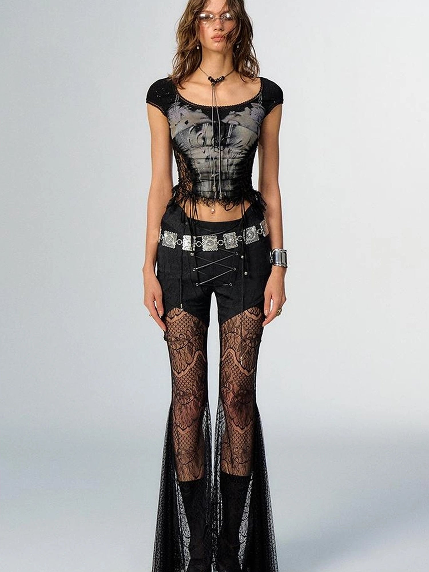 OfAkiva Akiva Lace Trimmed Iridescent Knit Top