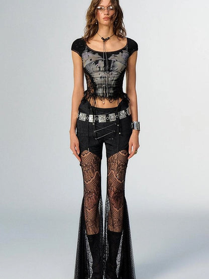 OfAkiva Akiva Lace Trimmed Iridescent Knit Top