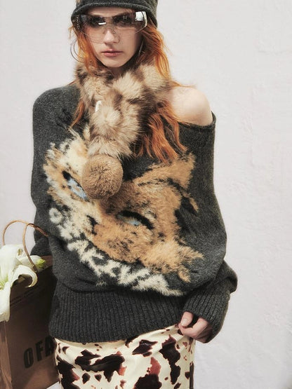 OfAkiva Akiva Lioncat Fluffy Sweater V-neck T-shirt Long Sleeve