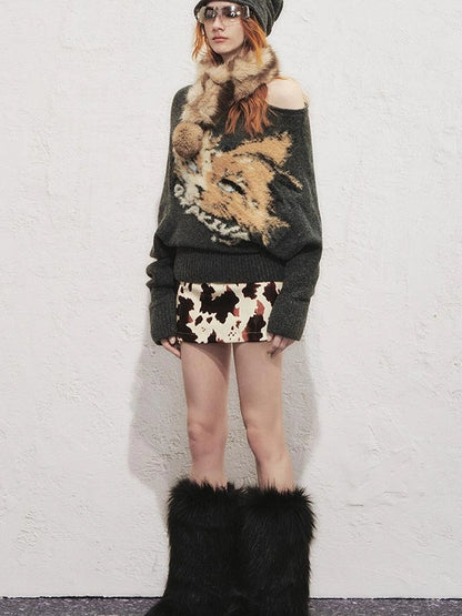 OfAkiva Akiva Lioncat Fluffy Sweater V-neck T-shirt Long Sleeve